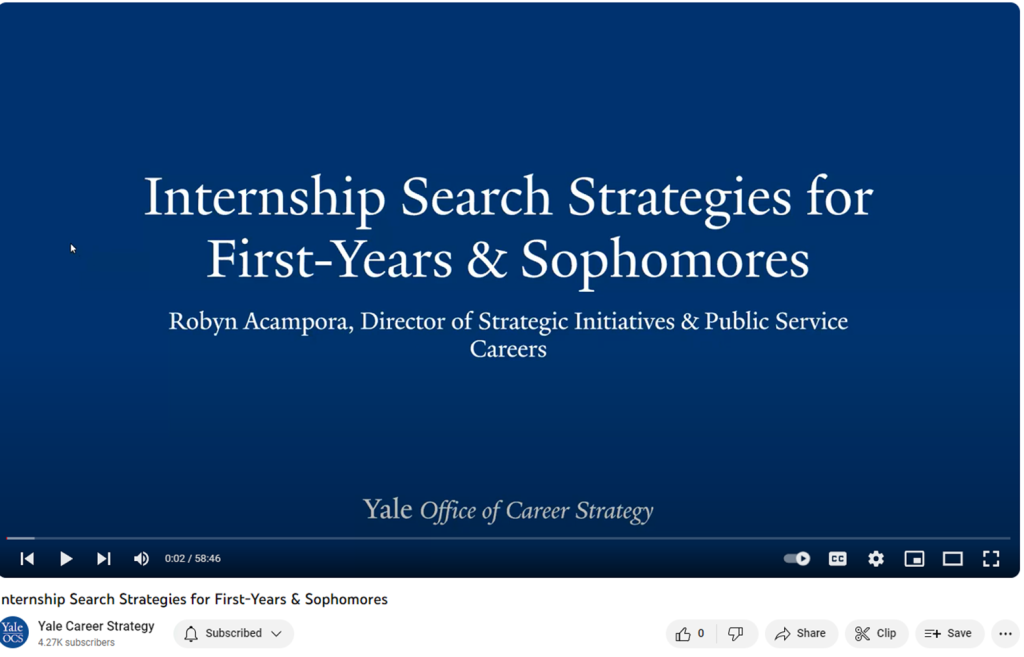 slide title that reads Internship search strategies for first-years & sophomores Robyn Acampora, Director of Strategic Initiatives & Public Service Careers